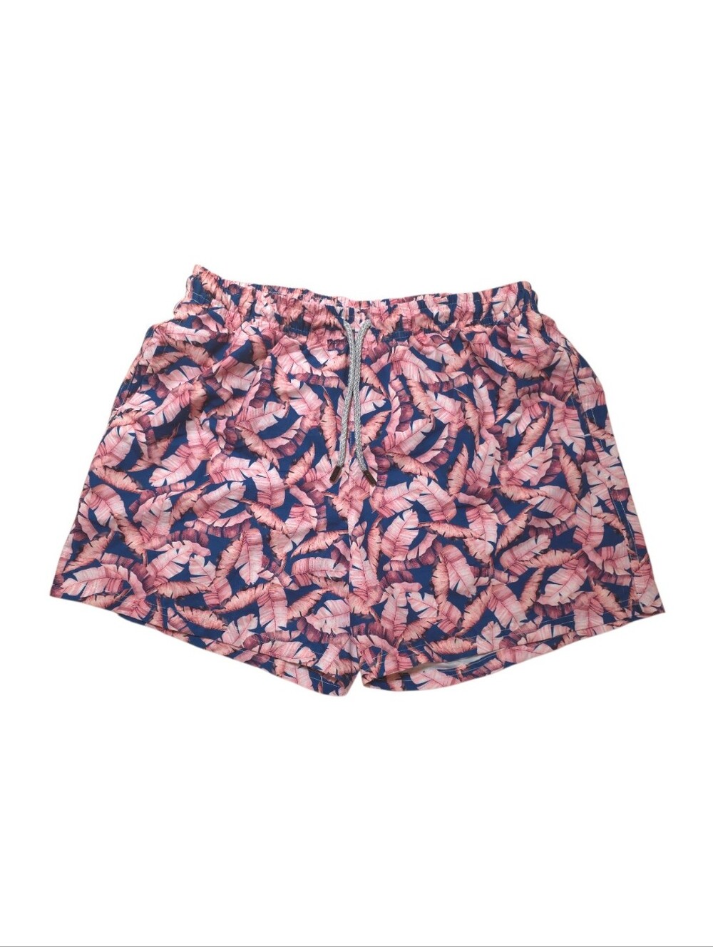 98 Coast Av Men's Pink Banana Leaf-Print Blue Swim Shorts XL Made In Spain